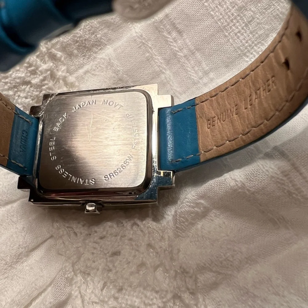 EUC Spanish Numbers Square Watch with Turquoise Leather Wristband RARE - Picture 6 of 7